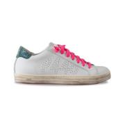 Witte sneakers met mint hiel en fuchsia veters P448 , White , Dames