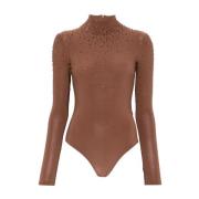 Rhinestone Bodysuit Bruin Hoge Hals Lange Mouwen Andrea Adamo , Brown ...