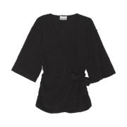 Seersucker Wrap Blouse Ganni , Black , Dames