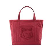 Rode Leren Shopper Tas met Canvas Riem Maison Kitsuné , Red , Dames