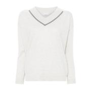 Kasjmier V-hals trui met Monili detail Brunello Cucinelli , White , Da...