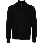 Merino Wol Halve Rits Trui Canali , Black , Heren