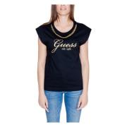 Zwart Bedrukt Katoenen T-Shirt Vrouwen Herfst/Winter Guess , Black , D...