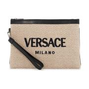 Geweven Raffia Geborduurde Logo Pouch Versace , Beige , Dames