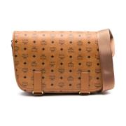 Bruine leren schoudertas met logoprint MCM , Brown , Heren