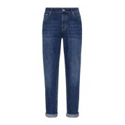 Blauwe Denim Broek Logo Patch Brunello Cucinelli , Blue , Heren