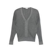 Geribbelde V-hals trui met Lurex detail Liu Jo , Gray , Dames