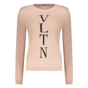 Geribbelde crew-neck trui met logodetail Valentino , Pink , Dames