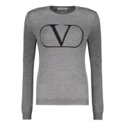 Geribbelde crew-neck trui met logodetail Valentino , Gray , Dames