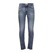 Blauwe Gewassen Katoenen Jeans met Logo Calvin Klein , Blue , Heren