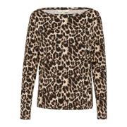 Leopardprint Boothals Langarm Top Cream , Brown , Dames