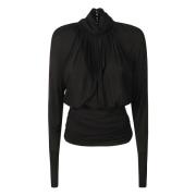 Stijlvolle Gedrapeerde Hoge Hals Top Saint Laurent , Black , Dames