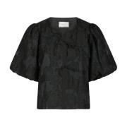 Jacquard Zwart Blouse met Pofmouwen Neo Noir , Black , Dames