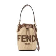 Raffia Geweven Schoudertas met Trekkoord Fendi , Beige , Dames