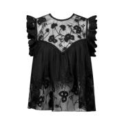 Zwarte Kant Mouwloze Blouse met Geknoopte Achterkant Mes Demoiselles ,...