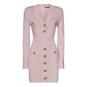 Roze Geribbelde Minijurk met Gouden Knopen Balmain , Pink , Dames