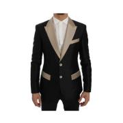 Zwart Beige Zijden Blazer Slim Fit Dolce & Gabbana , Black , Heren