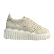 Beige Leren Sneakers met Maxi Patch Logo Paciotti , Beige , Dames