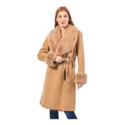 Beige Lange Wollen Jas met Shawl Kraag Fracomina , Beige , Dames