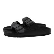 Arizona Lederen Zwarte Slides Birkenstock , Black , Heren