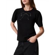 Zwarte T-shirt met handgeborduurde strik Actitude , Black , Dames