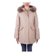 Beige Hooded Jas met Logo Knoop Woolrich , Beige , Dames