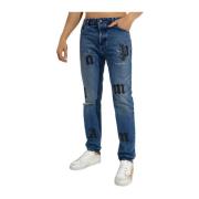 Blauwe Jeans met Leren Applicaties Palm Angels , Blue , Heren