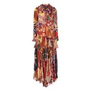 Gerimpelde Zijden Maxi Jurk met Jacquard Etro , Multicolor , Dames