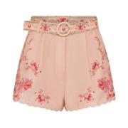 Bloemen linnen shorts met schelprand Camilla , Multicolor , Dames