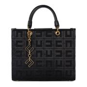 Zwarte Jacquard Shopper met Kunstleren Handvatten Elisabetta Franchi ,...