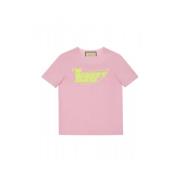 Katoenen Jersey T-shirt met Kitten Print Gucci , Pink , Dames