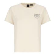 Ivoor Katoenen T-shirt met Strass Logo Pinko , Beige , Dames