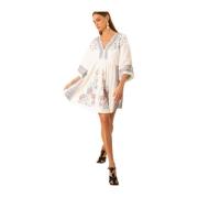 Geborduurde Slub-Voile Jurk met Kimono Mouwen Hale Bob , White , Dames