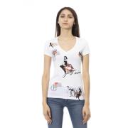 Casual V-hals T-shirt met Frontprint Trussardi , White , Dames