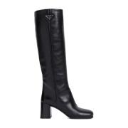 Zwarte Leren Enkellaarzen Elegante Stijl Prada , Black , Dames