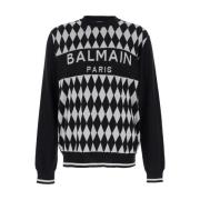 Diamant Jacquard Crewneck Sweater Wit Balmain , White , Heren