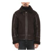 Shearling Leren Trim Jas met Rits Roy Roger's , Brown , Heren