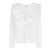 Ruche V-hals Blouse in Katoen Poplin Ganni , White , Dames