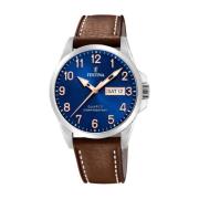 Blauw Leren Quartz Horloge 10Atm Festina , Gray , Heren