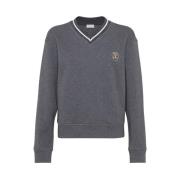 Grijze Katoenen V-hals Sweatshirt met Streep Trim Brunello Cucinelli ,...