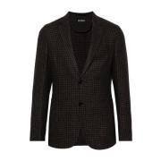 Blauwe Houndstooth Linnen-Wol Blend Jas Ermenegildo Zegna , Blue , Her...