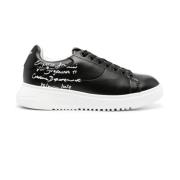 Zwarte Calligraphy Print Leren Sneakers Emporio Armani , Black , Dames