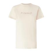 Geborduurd Logo Katoenen T-shirt Pinko , Beige , Dames