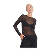 Zwarte Doorschijnende Top met Strass Detail Envii , Black , Dames