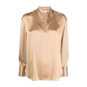 Beige Zijden Split Hals Blouse Vince , Beige , Dames