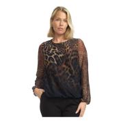 Luipaardprint Mesh Mouw Blouse 2-Biz , Brown , Dames