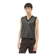 V-hals Leren Gebreid Vest Rits Dries Van Noten , Black , Heren