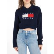 Blauwe Sweater met V Center Flag Tommy Jeans , Blue , Dames