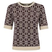 Korte Mouw Jacquard Top met Logo Print Elisabetta Franchi , Brown , Da...