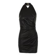 Korte gedrapeerde leren halternek jurk Balmain , Black , Dames